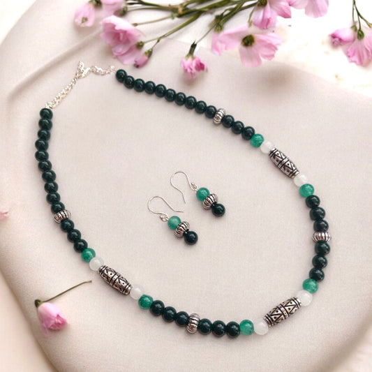 Green Meadow : Beaded Necklace Set in Dark and light Green