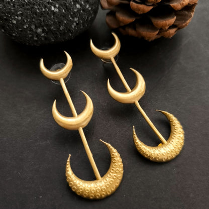 Brass Earrings : Triple Lunar Elegance