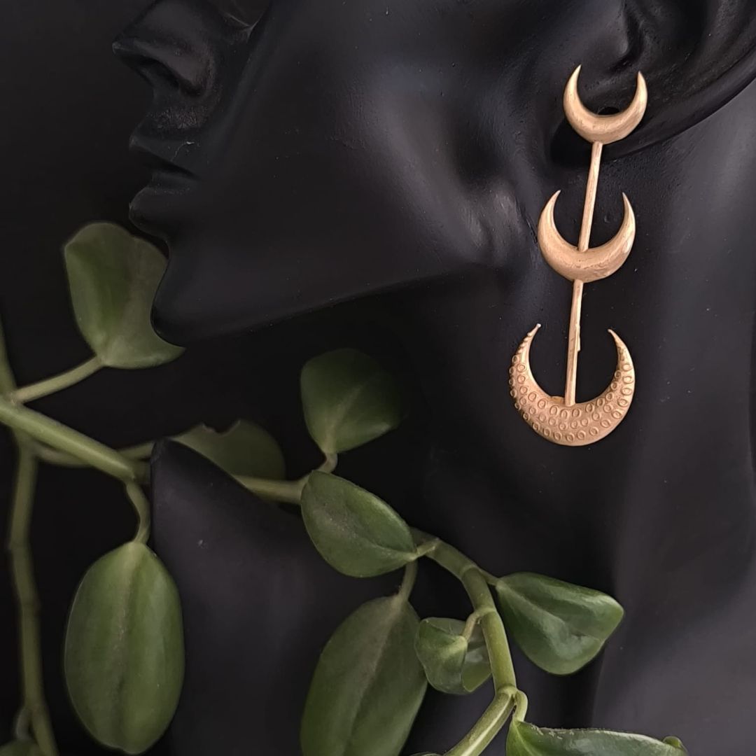 Brass Earrings : Triple Lunar Elegance