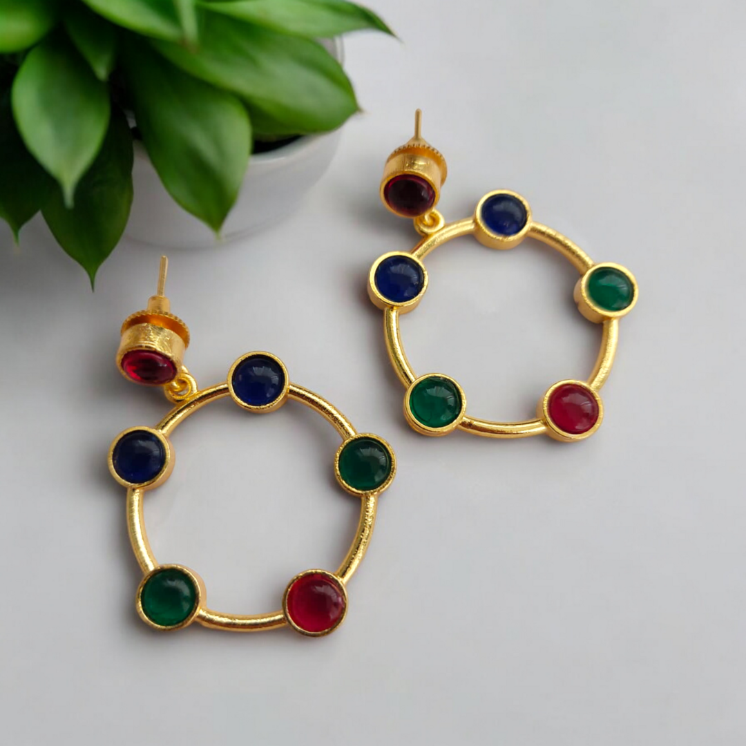 Graceful Loop : Multi Stone Studded Brass Earring