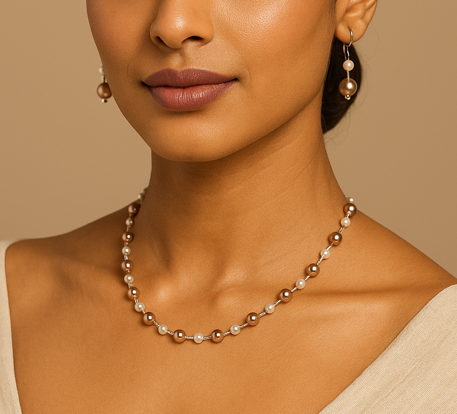 Champagne Glow: Handcrafted Pearl Necklace and Earring Set