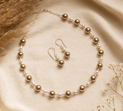 Champagne Glow: Handcrafted Pearl Necklace and Earring Set