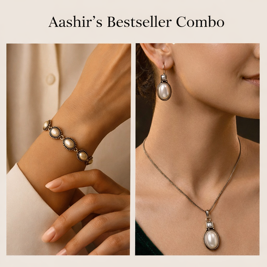 Aashirs Bestseller Combo: Moonmist Pendant and Earring Set/ Classic Pearl Link Bracelet