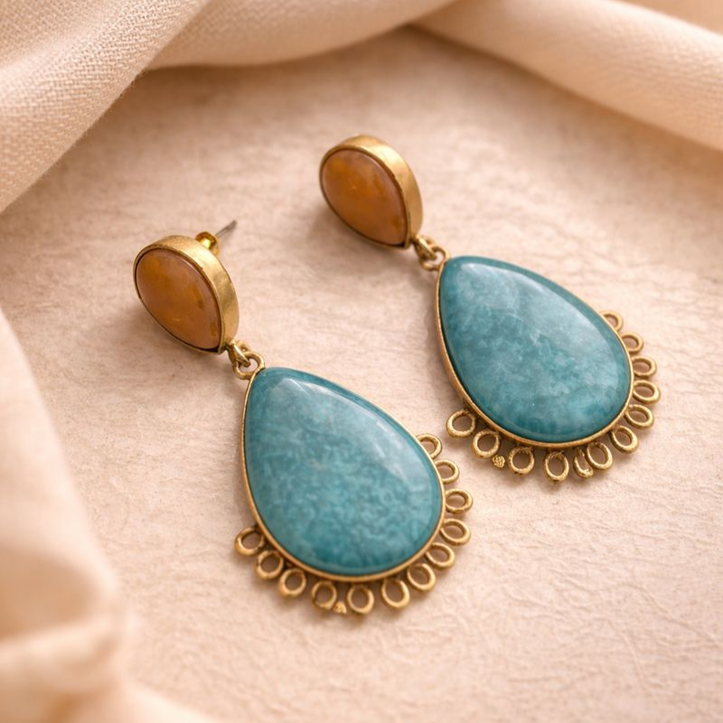 Teal Reverie: Teal and Amber Stone Dangler Brass Earring