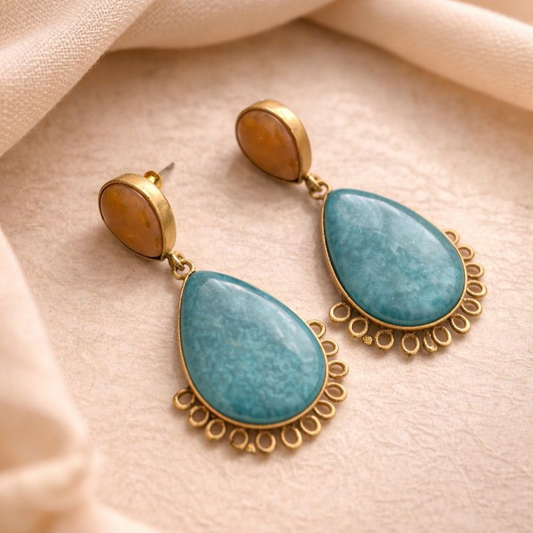 Teal Reverie: Teal and Amber Stone Dangler Brass Earring