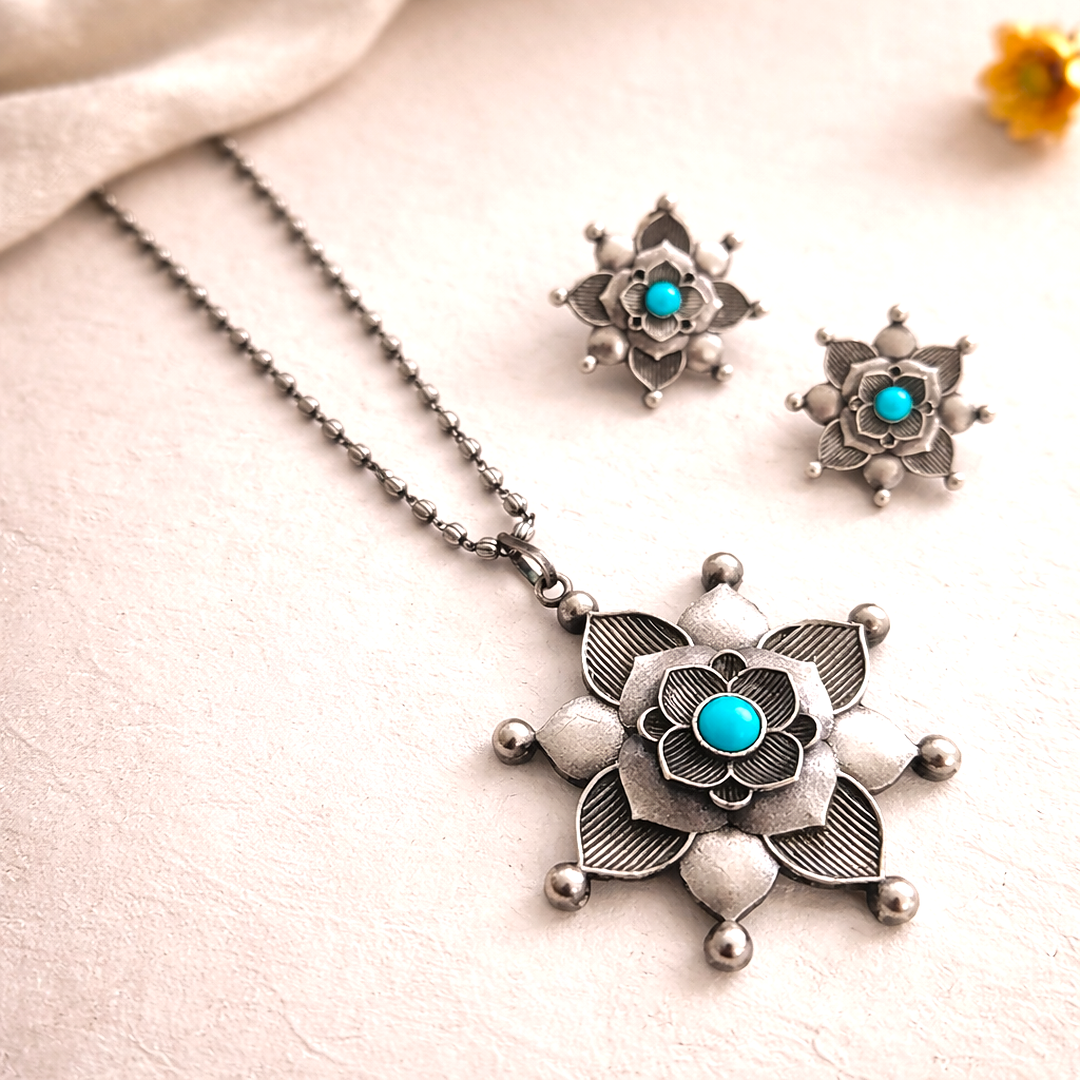 Silver Zenith: Silver Toned Turquoise Stone Pendant and Earring Set