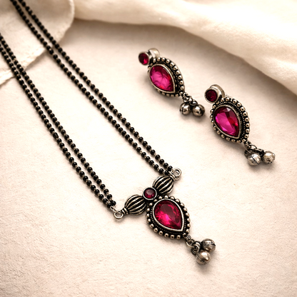 Ishya: Majenta Srone Double Layered Chain Pendant and Earring set