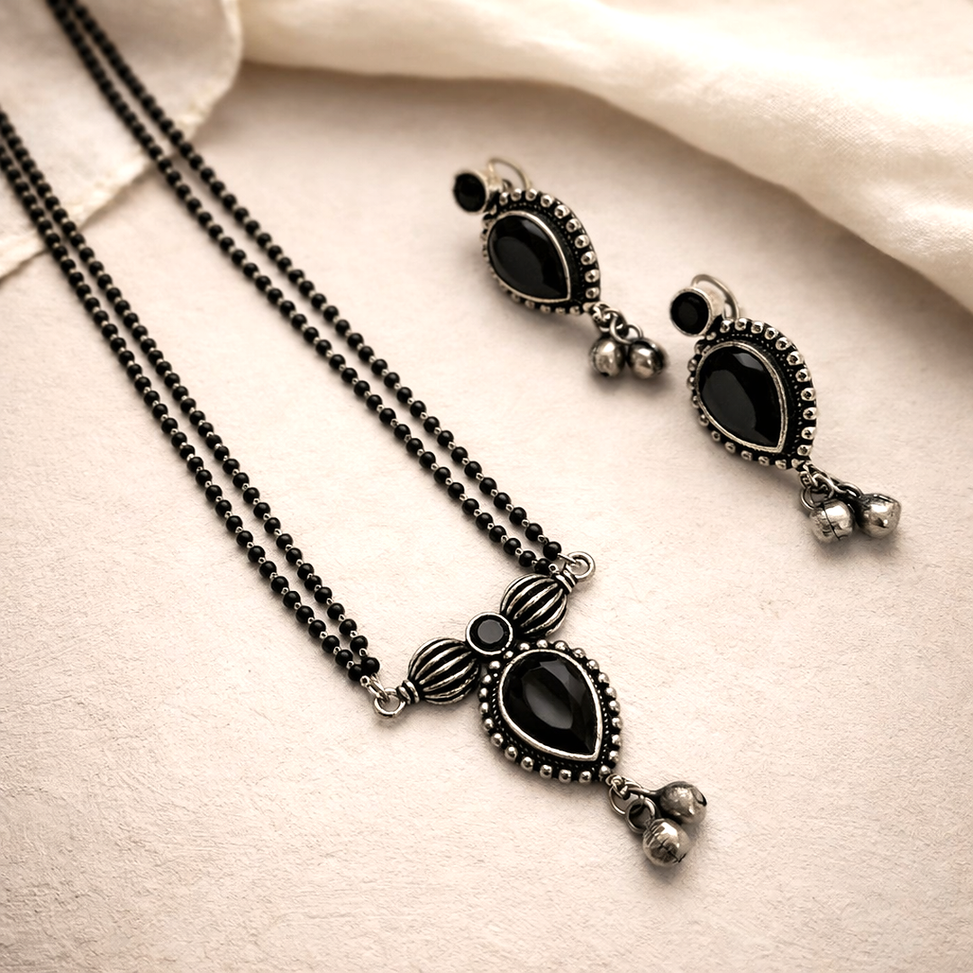 Ishya: Black Stone Double Layered Pendant and Earring set