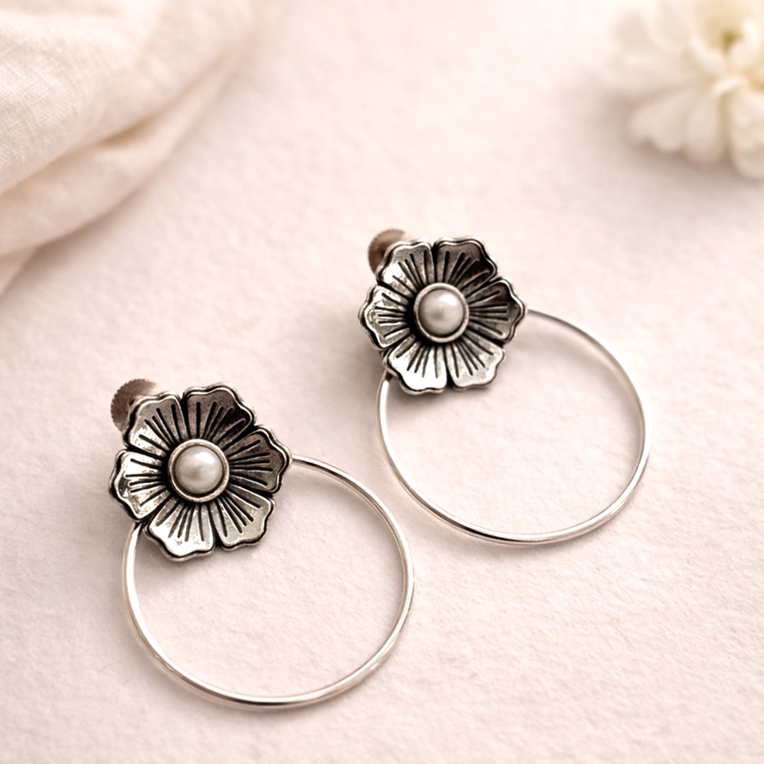 Floral Nimbus: Pearl Bead Silver Toned Stud Earring