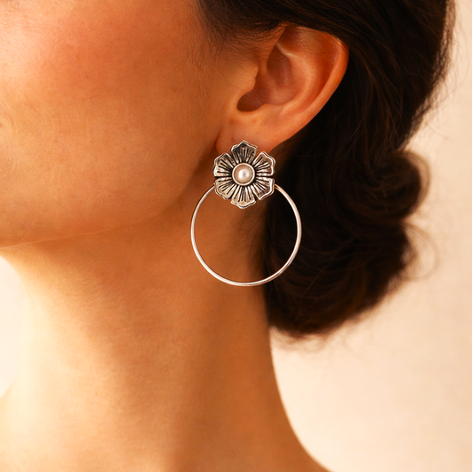 Floral Nimbus: Pearl Bead Silver Toned Stud Earring