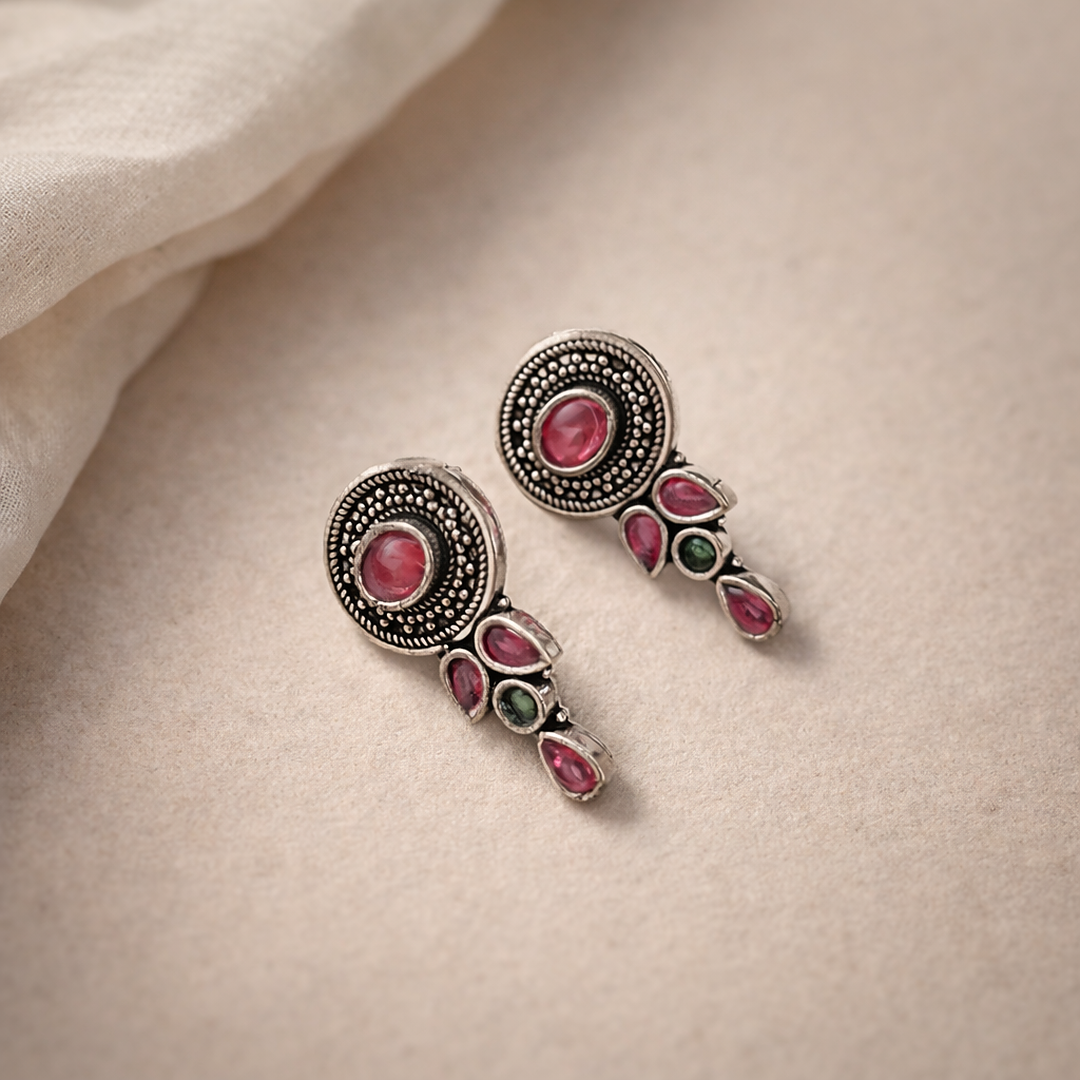 Ziva Drops: Majenta Stone Silver Toned Earring