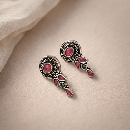 Ziva Drops: Majenta Stone Silver Toned Earring