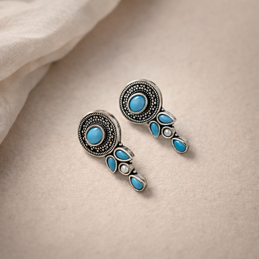 Ziva Drops: Turquoise Stone Silver Toned Earring
