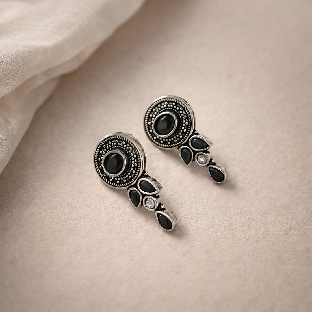 Ziva Drops: Black Stone Silver Toned Earrings