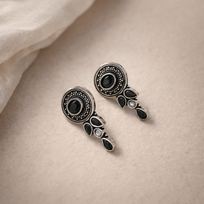 Ziva Drops: Black Stone Silver Toned Earrings