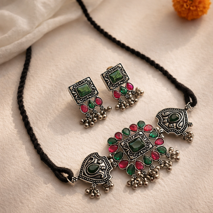 Sitaara Coker Set : Green and Pink Stone Choker and Earring Set