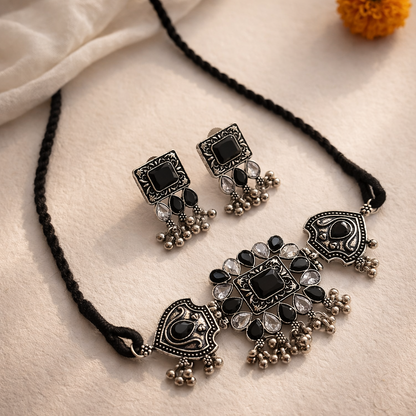 Sitaara Choker Set: Black and White Stone Choker and Earring Set
