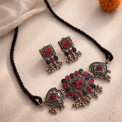 Sitaara Choker Set: Red and Black Choker and Earring Set