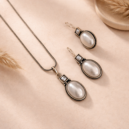 Aashirs Bestseller Combo: Moonmist Pendant and Earring Set/ Classic Pearl Link Bracelet