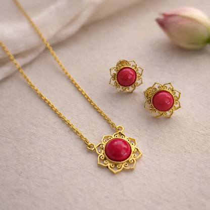 Golden Lotus: Coral Stone Gold Toned Pendant and Earring Set