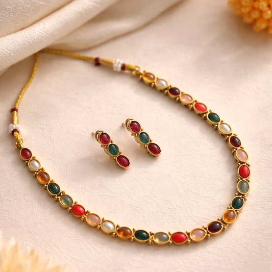 Navratna Royale: Gold Toned Multicolored Necklace and Earring Set