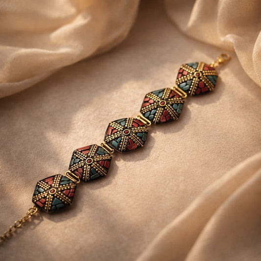 Imperial Link: Turquoise and Coral Hexagonal Brass Bracelet