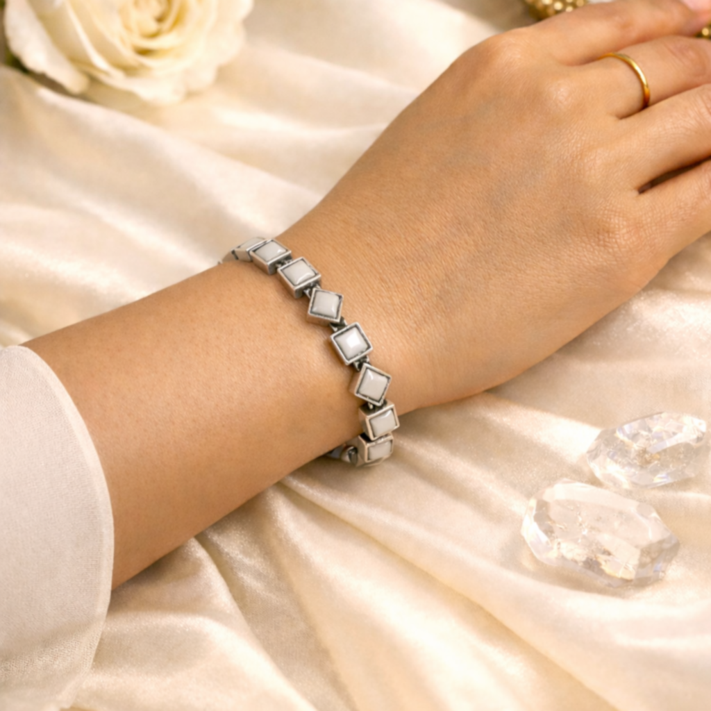 Nature Hues: Pearl Silver toned Cuff Bracelet