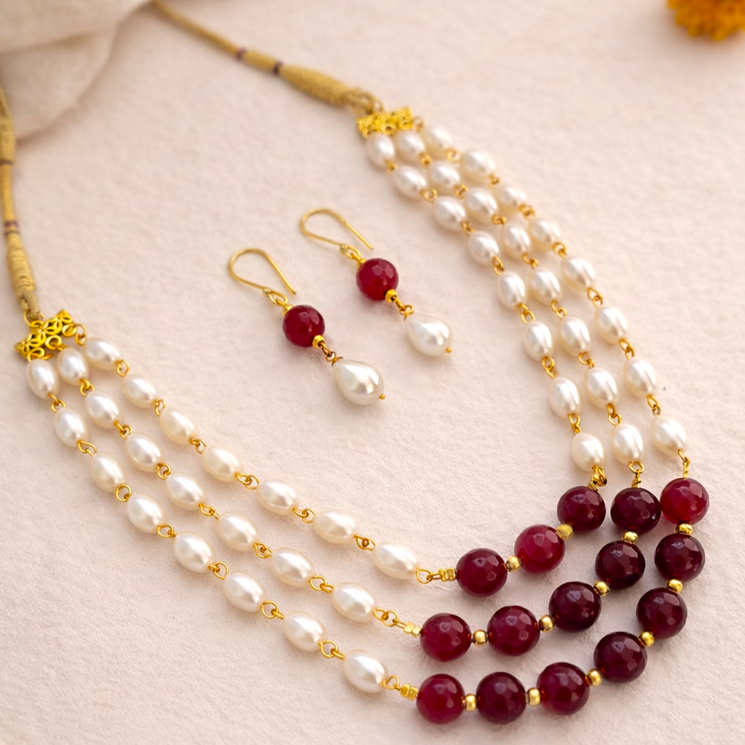 Chandni: Triple Layer Pearl and Ruby Beads Necklace and Earring Set