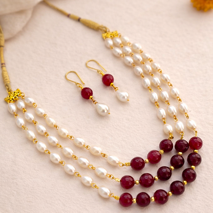 Chandni: Triple Layer Pearl and Ruby Beads Necklace and Earring Set