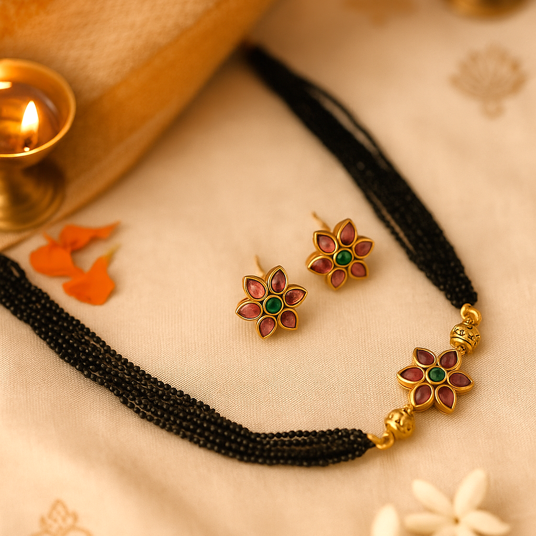 Shymala Collection: Black Beaded Necklace - Floral Pendant and Earrings