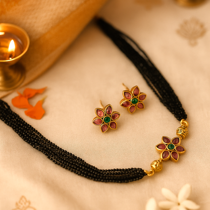 Shymala Collection: Black Beaded Necklace - Floral Pendant and Earrings