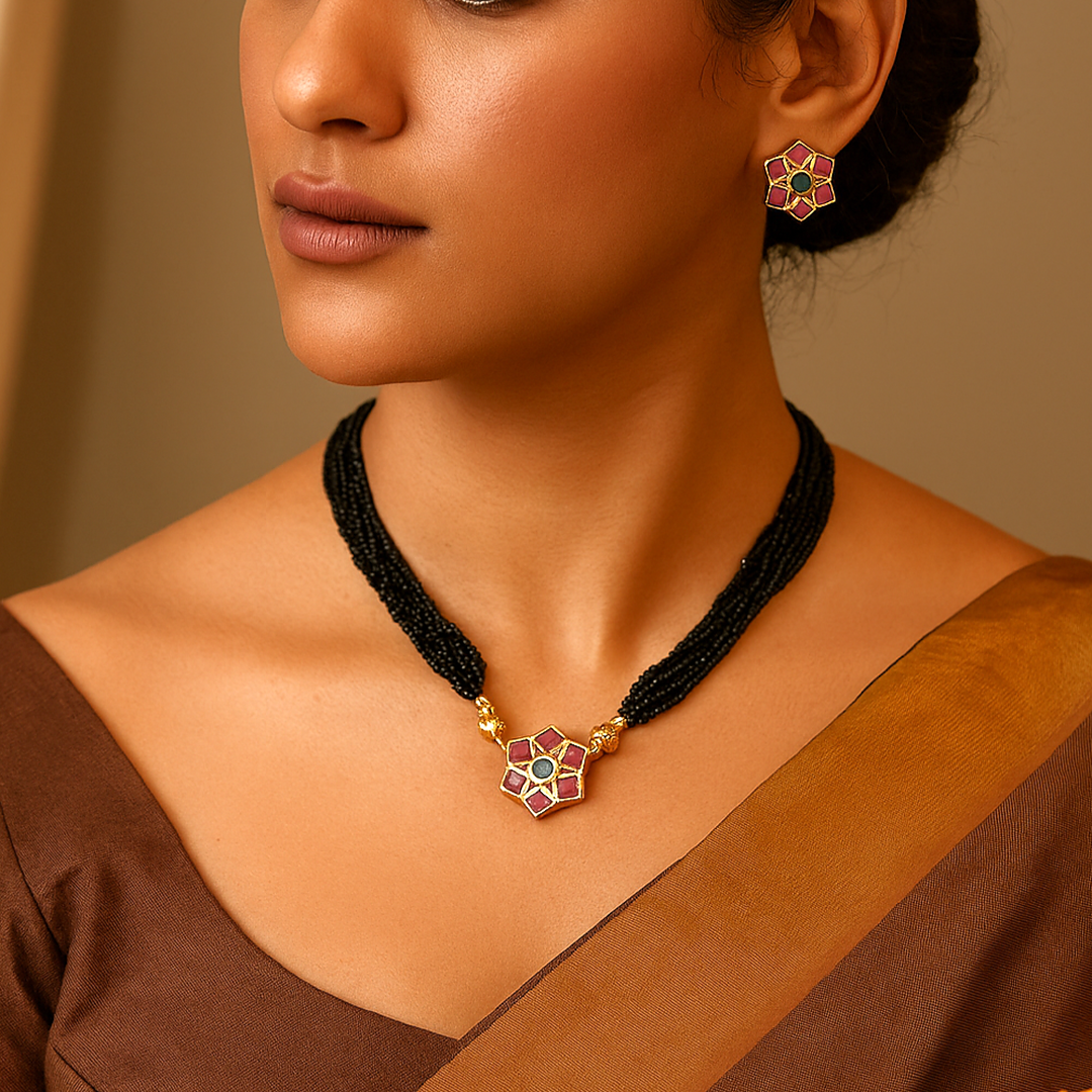 Shymala Collection : Black Beaded Necklace -Hexagonal Pendant and Earring