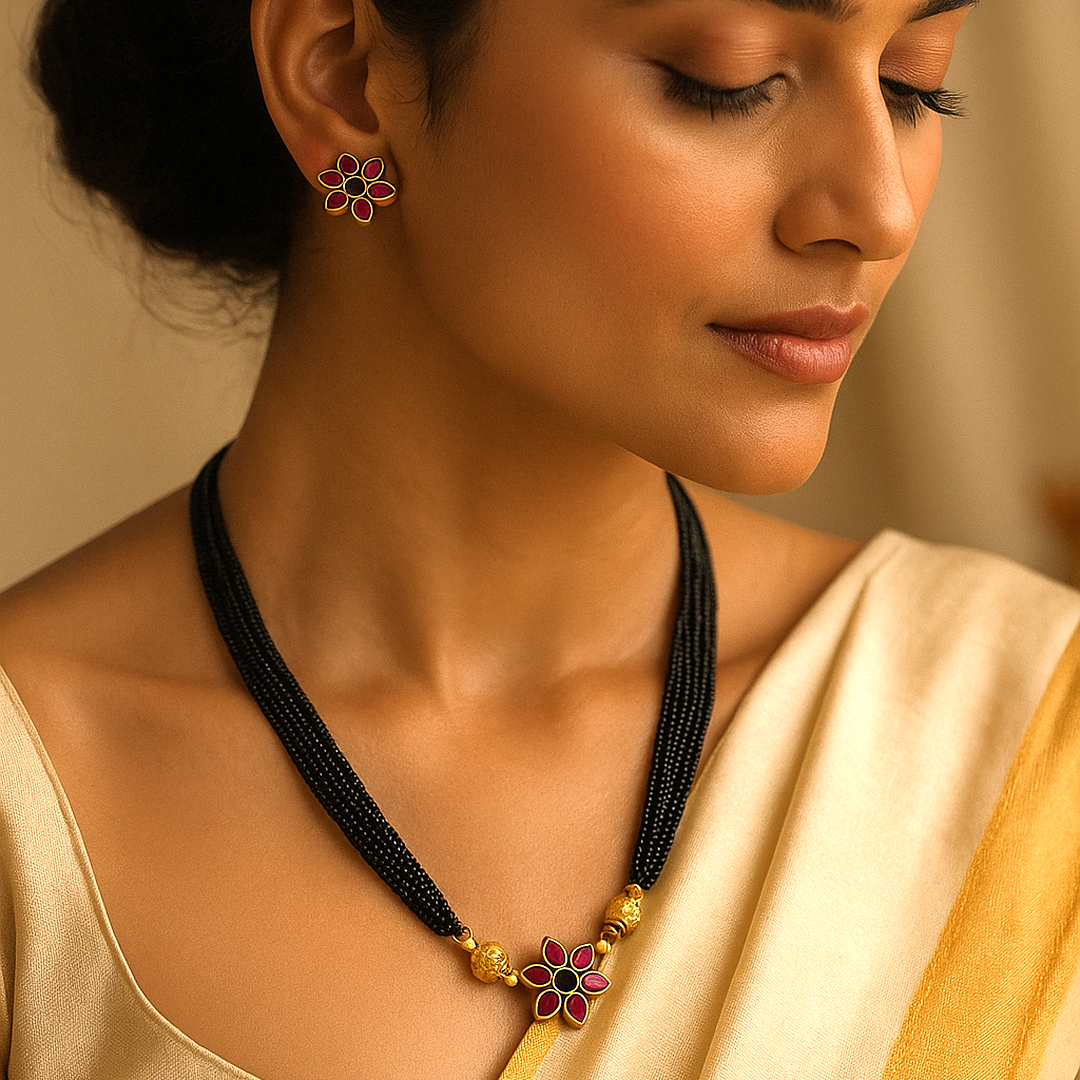 Shymala Collection: Black Beaded Necklace - Floral Pendant and Earrings
