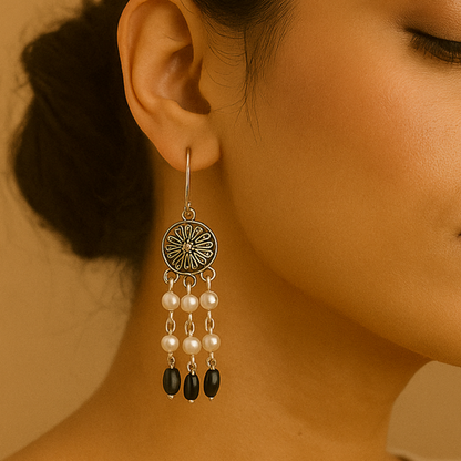 Midnight Bloom: Handcrafted Dangler with Pearls and Beads