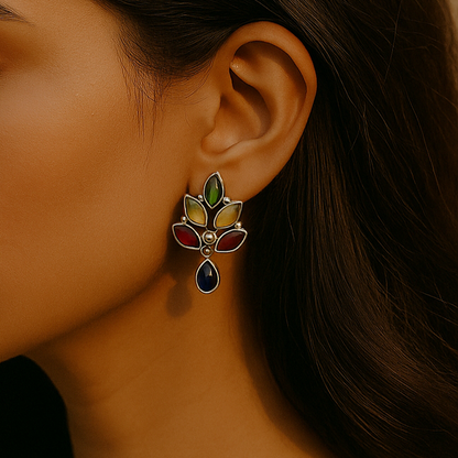 Chroma Leaflets: Multistone silver toned earring