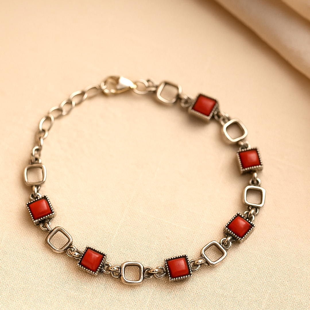 Coral Link: Coral Red Silver Toned Bracelet