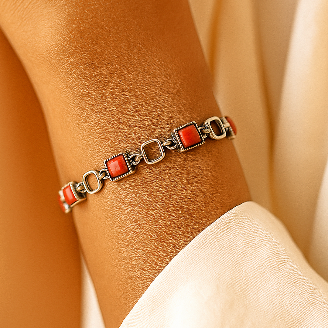 Coral Link: Coral Red Silver Toned Bracelet
