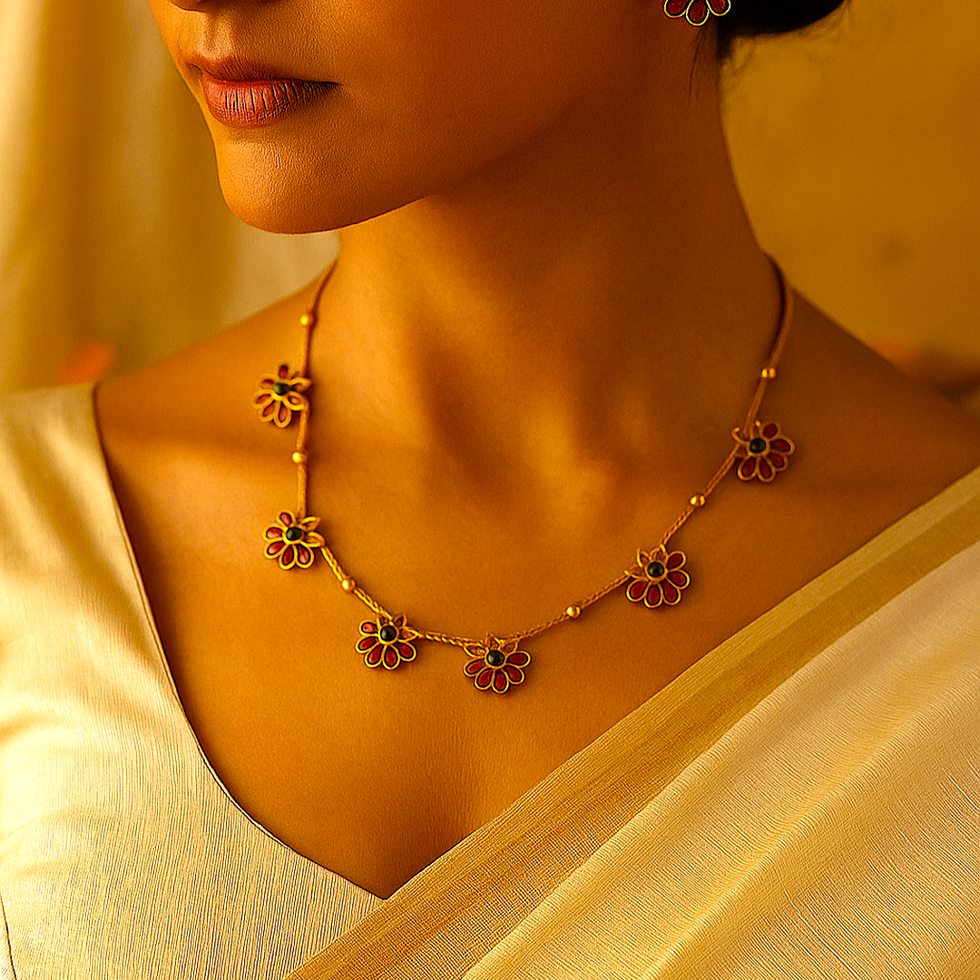Ira: Gold Toned Floral Stoned Studded Necklace and Earring Set