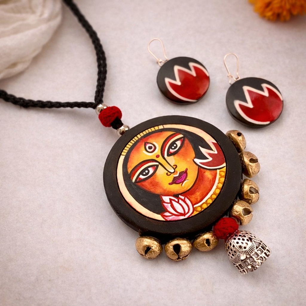Trinetra: Handcrafted Divine Durga Pendant Teracotta Necklace and Earring Set