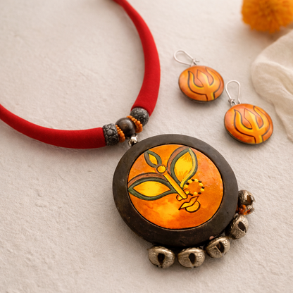 Aaradhya: Handcrafted Divine Durga Pendant Teracotta Necklace and Earring Set