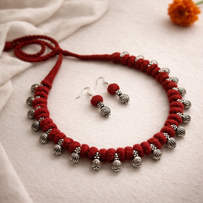 Desi Threads: Red Thread Bead and Silver Bead Motif Necklace and Earring