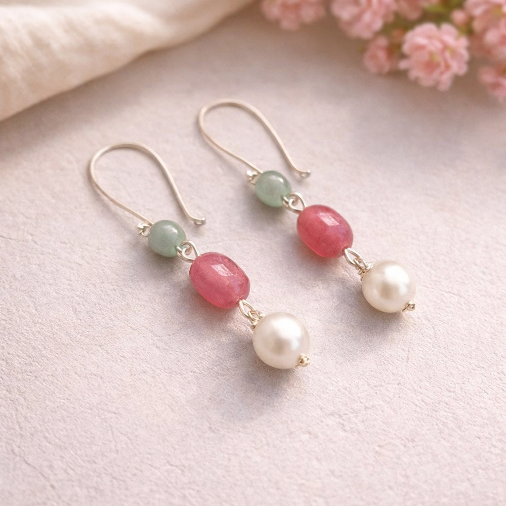 Harmony Hues: Green glass beads, Shell Pearl, Pink jade dull Earring