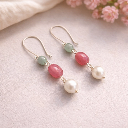 Harmony Hues: Green glass beads, Shell Pearl, Pink jade dull Earring