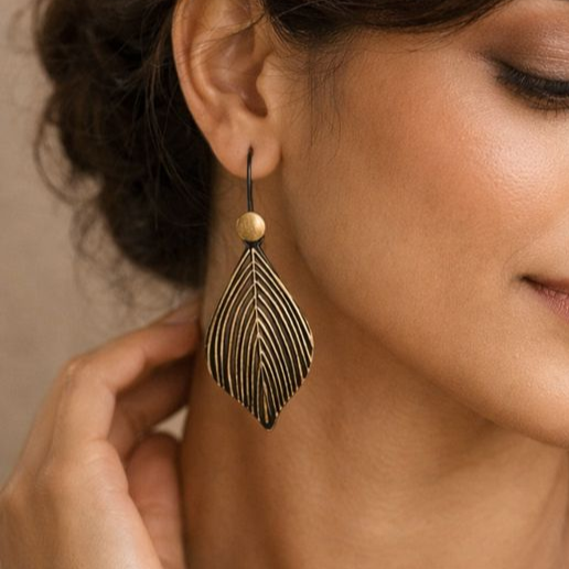 Veil Leaf Earrings: Black and golden Combination