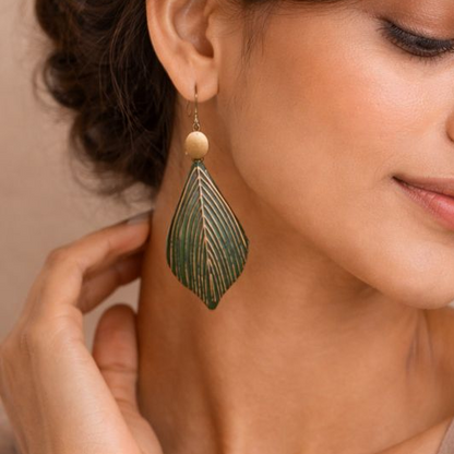 Veil Leaf Earrings: Green and Golden Combination