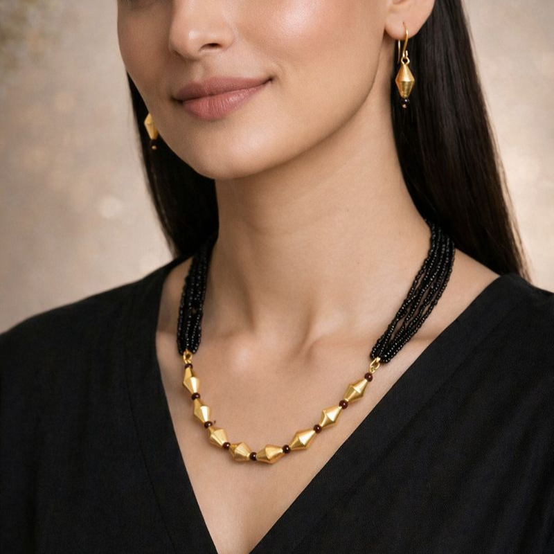 Ananda: Black Bead Layered Dholki Bead Necklace