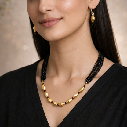 Ananda: Black Bead Layered Dholki Bead Necklace