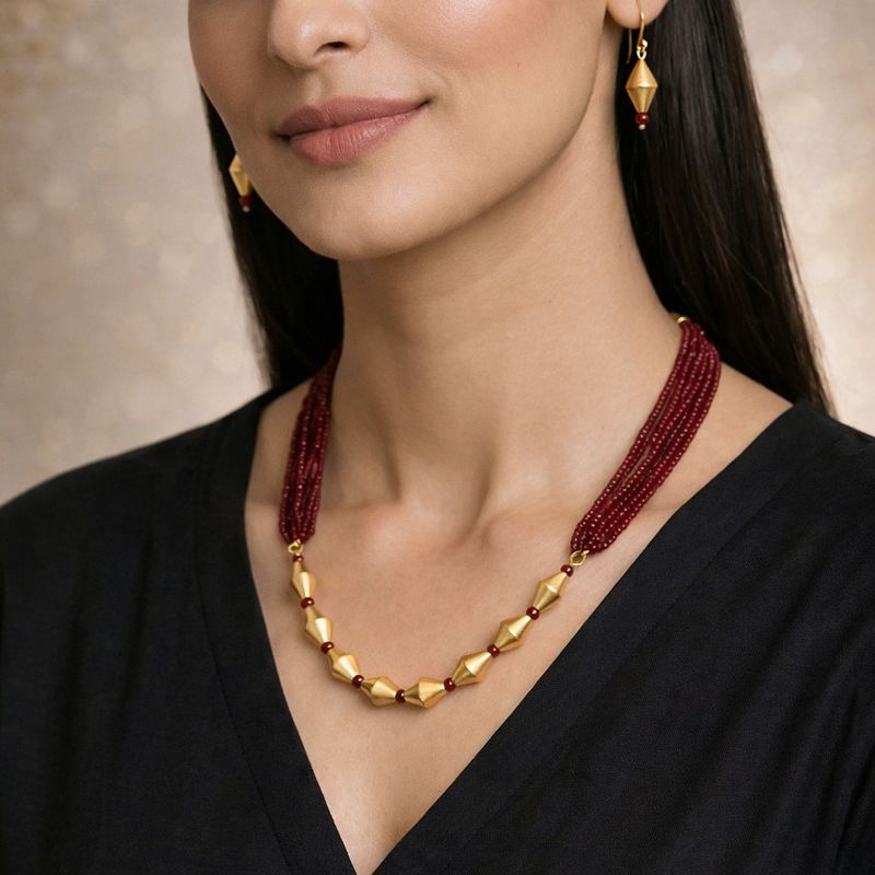 Ananda: Red Bead Layered Dholki Bead Necklace