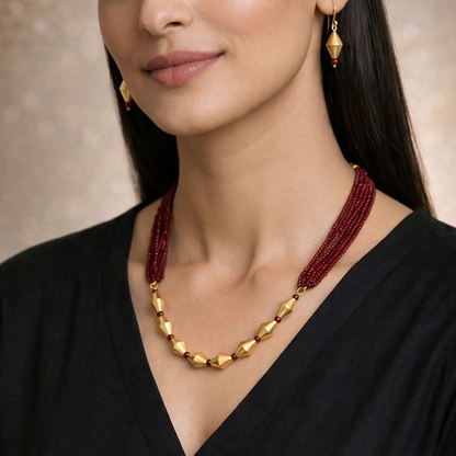 Ananda: Red Bead Layered Dholki Bead Necklace
