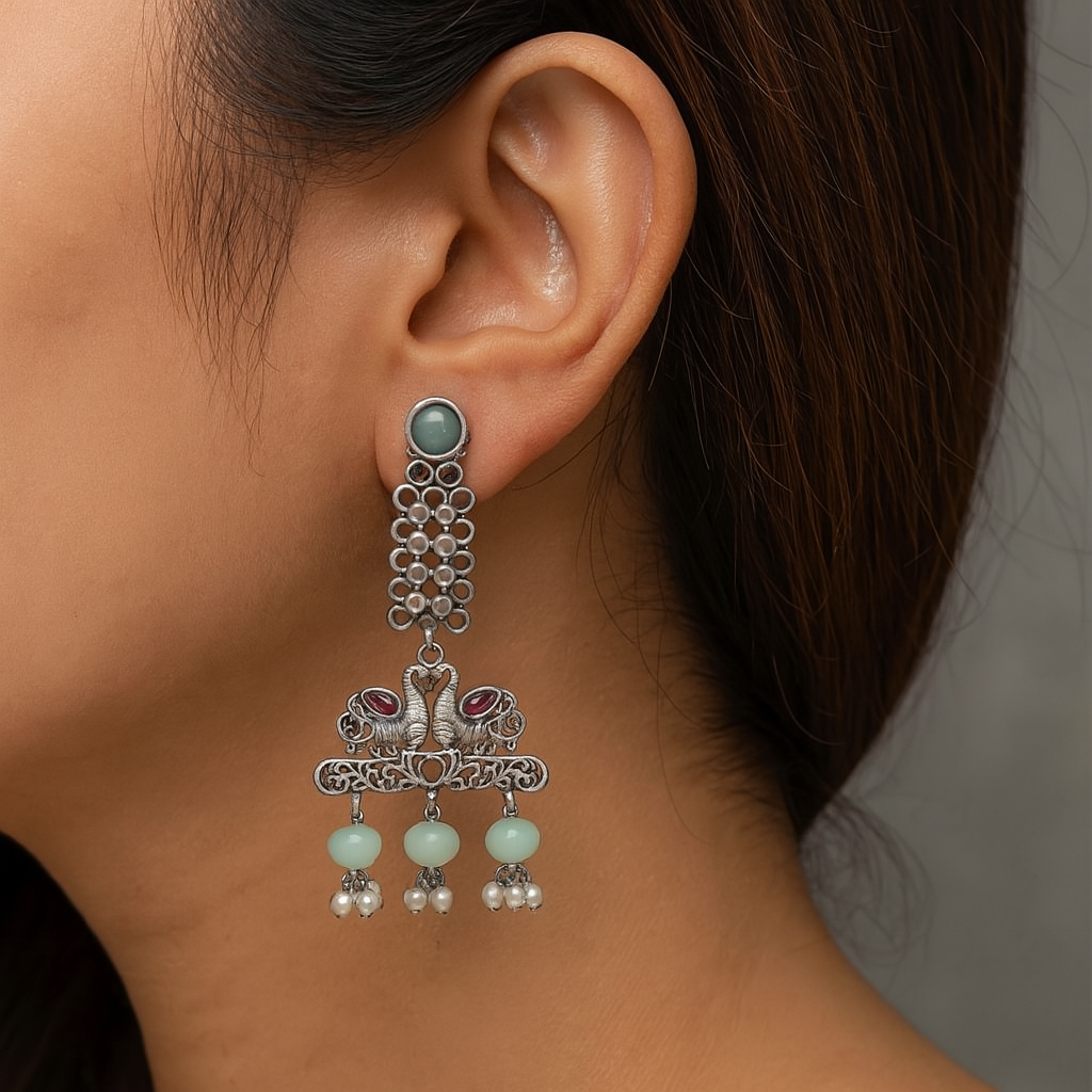 Royal Hamsa: Mint Green and Pink Stone Long Earrings